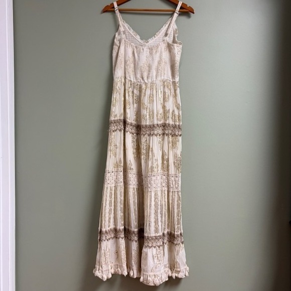ME 2 Magic Maxi Dress Size L Fairy Boho Crochet Gold Cottage Festival Tiered - Picture 2 of 14